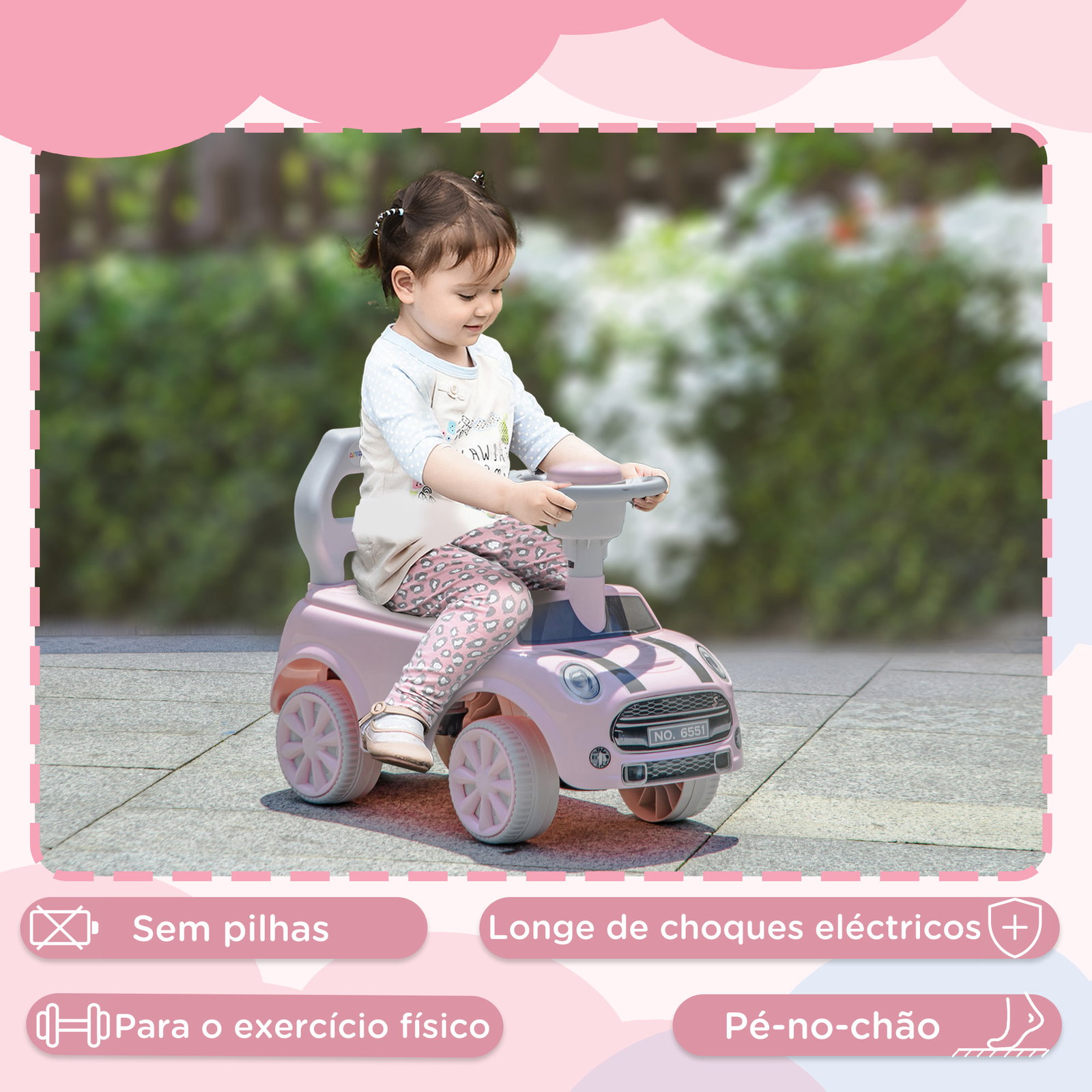 Carro andador para bebés de 18-36 meses carro andador com volante buzina e sistema anti-tombo 53x25x35 cm rosa