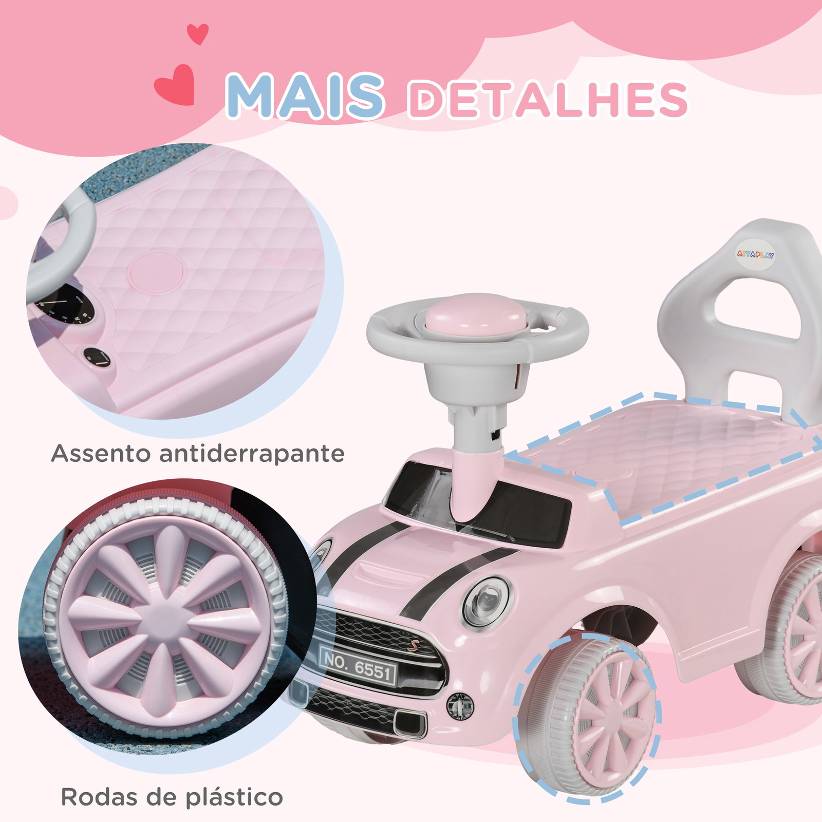 Carro andador para bebés de 18-36 meses carro andador com volante buzina e sistema anti-tombo 53x25x35 cm rosa