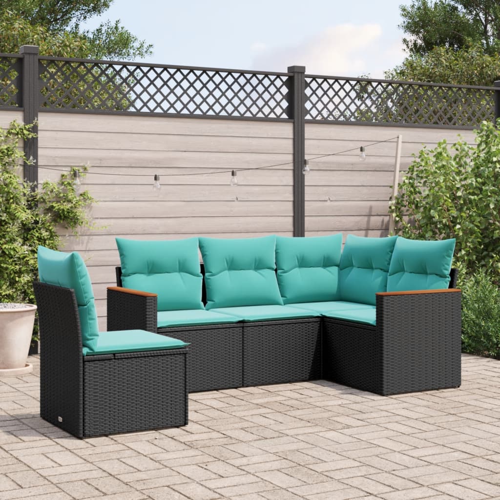 Conjunto de sofá de jardim de 5 peças com almofadas em rattan sintético preto