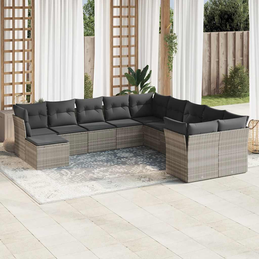 11 Pcs conjunto sofás de jardim c/ almofadões vime PE cinzento