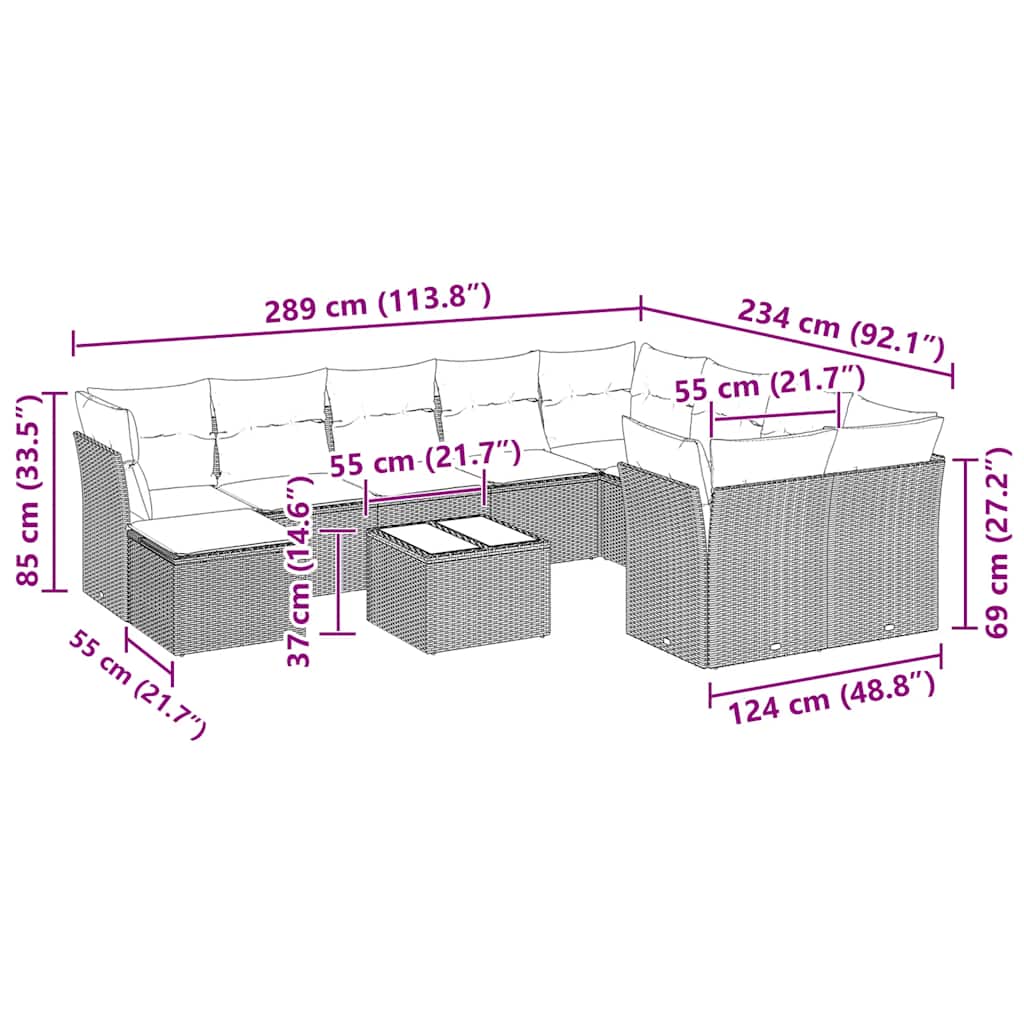 11 Pcs conjunto sofás de jardim c/ almofadões vime PE cinzento
