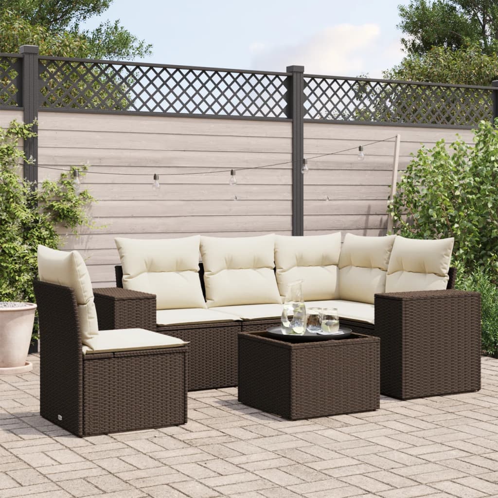 6 Pcs conjunto de sofás jardim c/ almofadões vime PE castanho