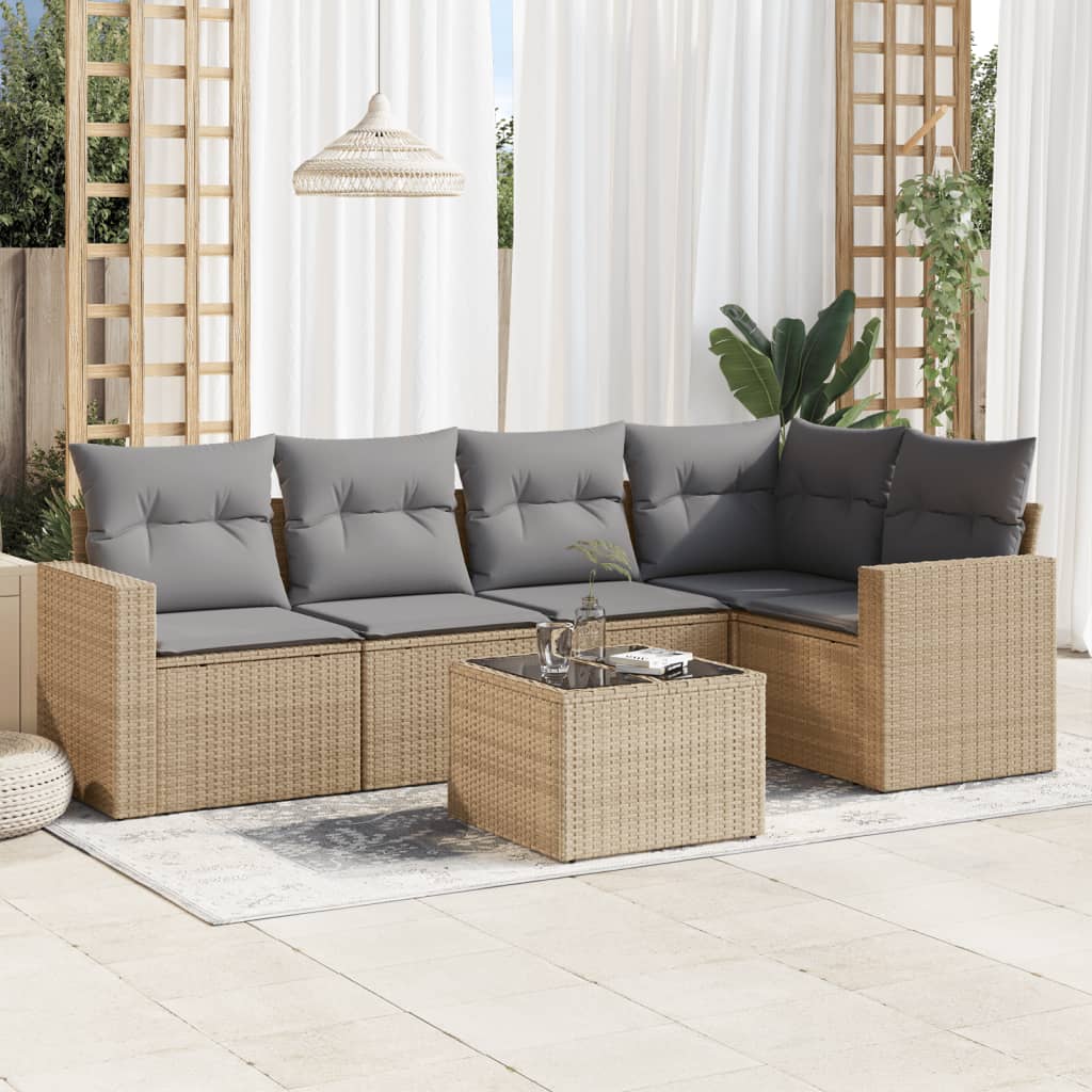 6 Pcs conjunto de sofás p/ jardim com almofadões vime PE bege
