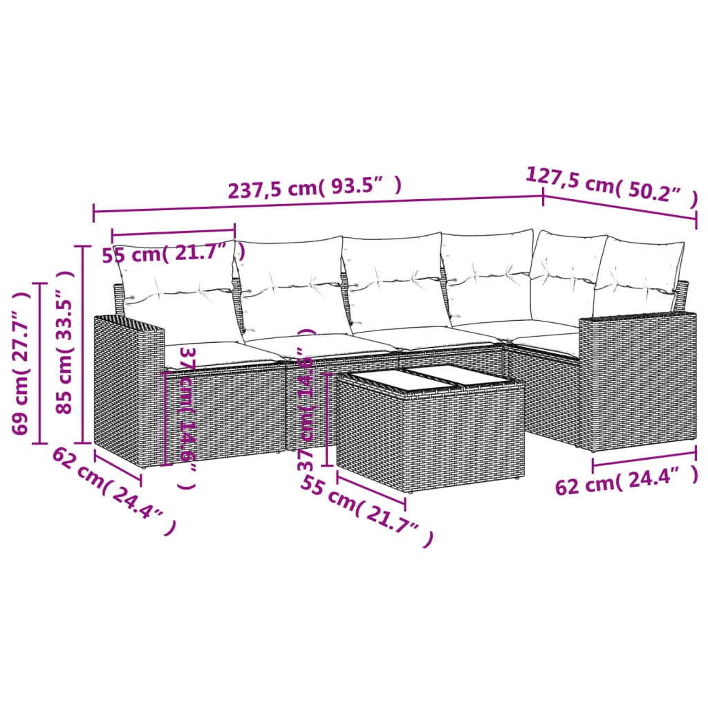 6 Pcs conjunto de sofás p/ jardim com almofadões vime PE bege