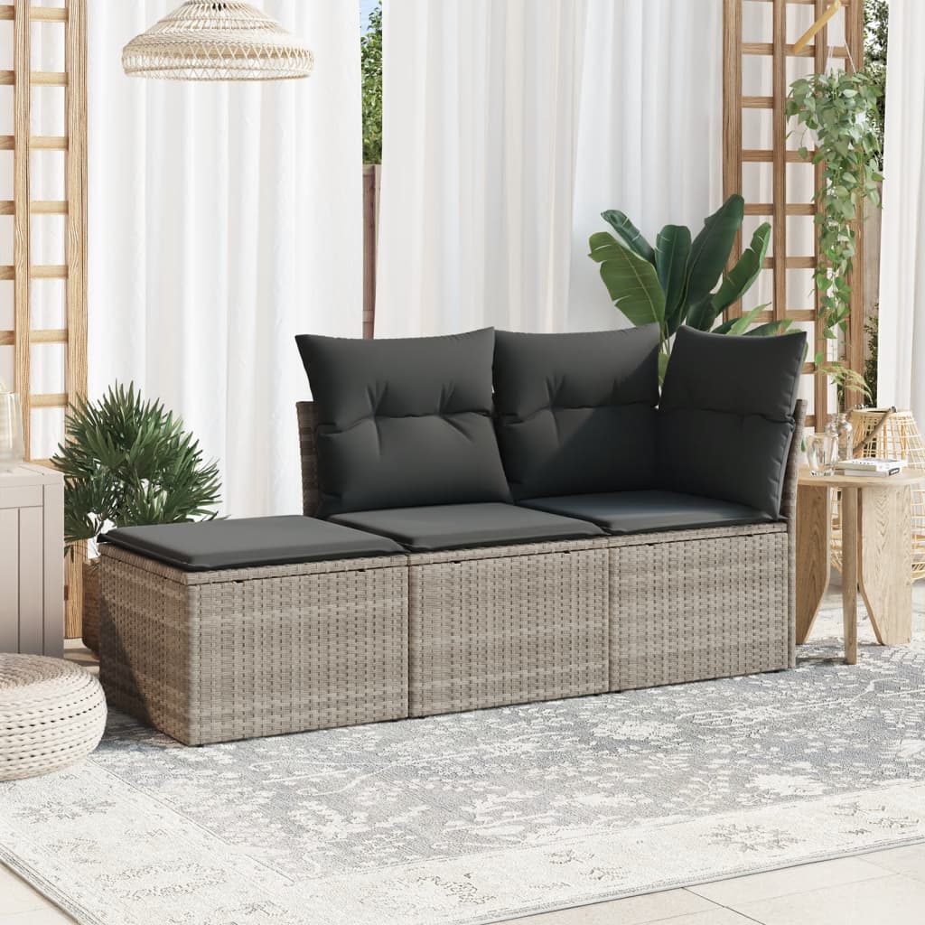 3 Pcs conj. sofás jardim c/ almofadões vime PE cinzento-claro