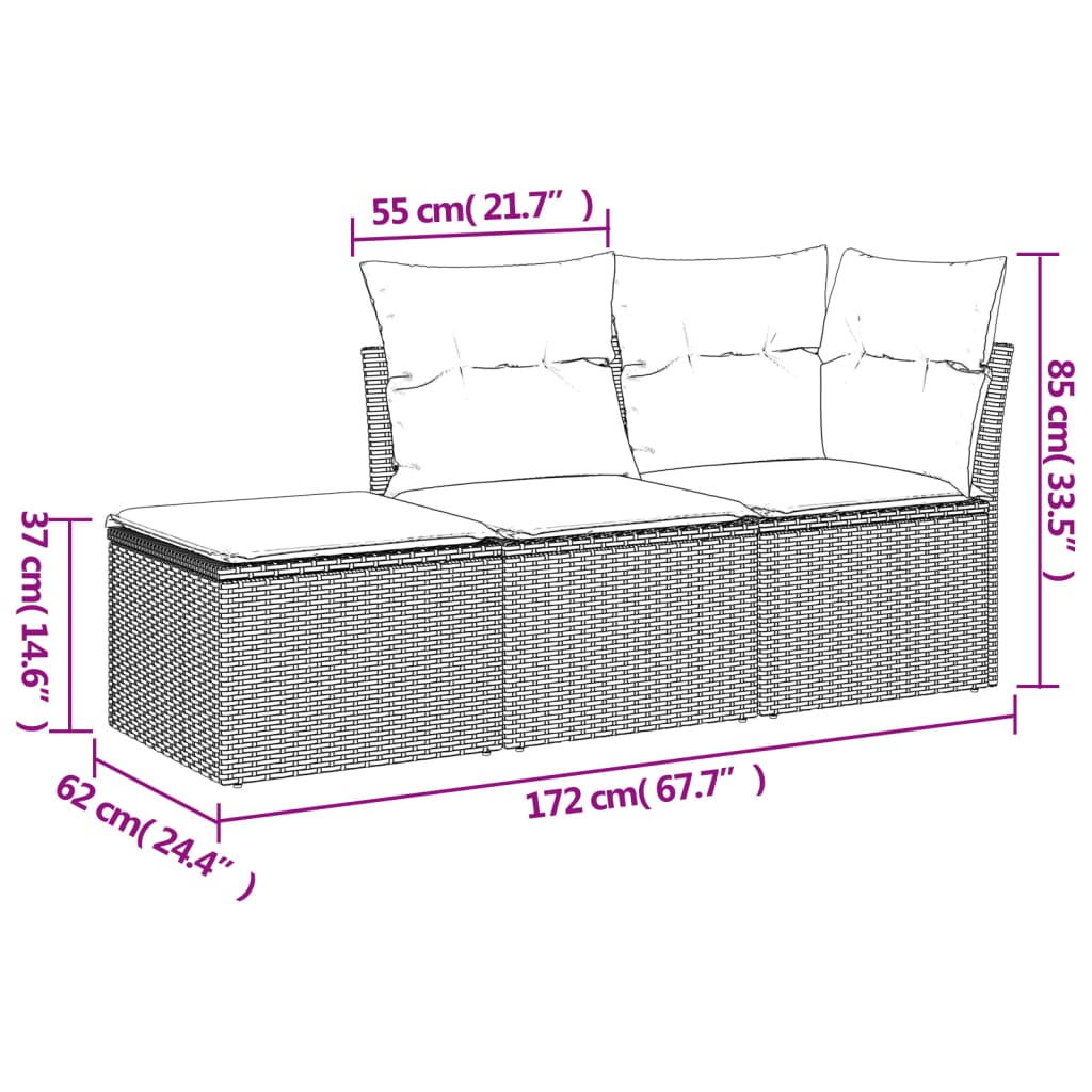 3 Pcs conj. sofás jardim c/ almofadões vime PE cinzento-claro