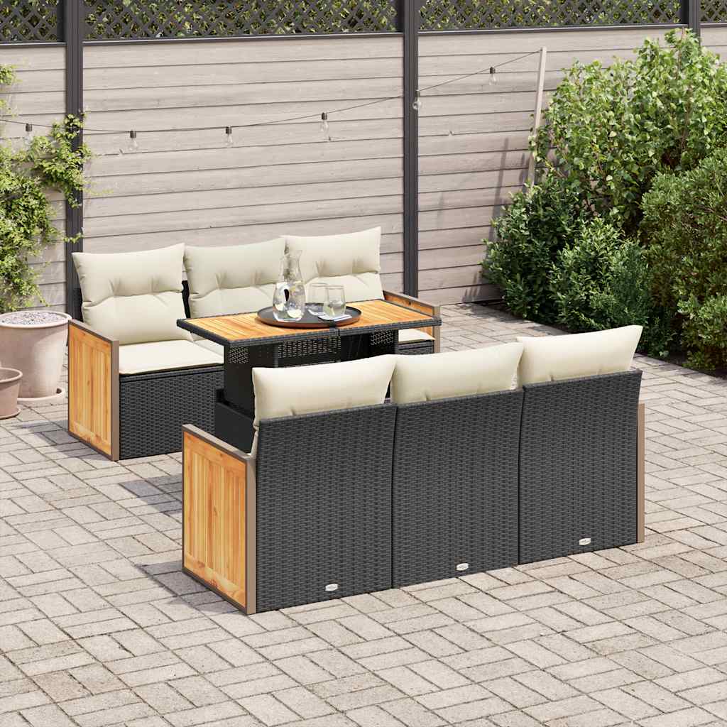 7 Pcs conjunto sofás jardim c/ almofadões vime PE/acácia preto