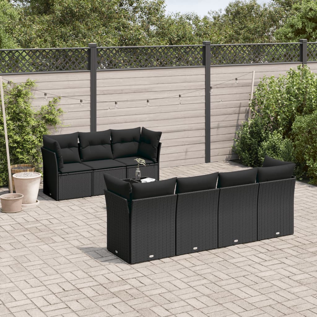 8 Pcs conjunto sofás de jardim com almofadões vime PE preto