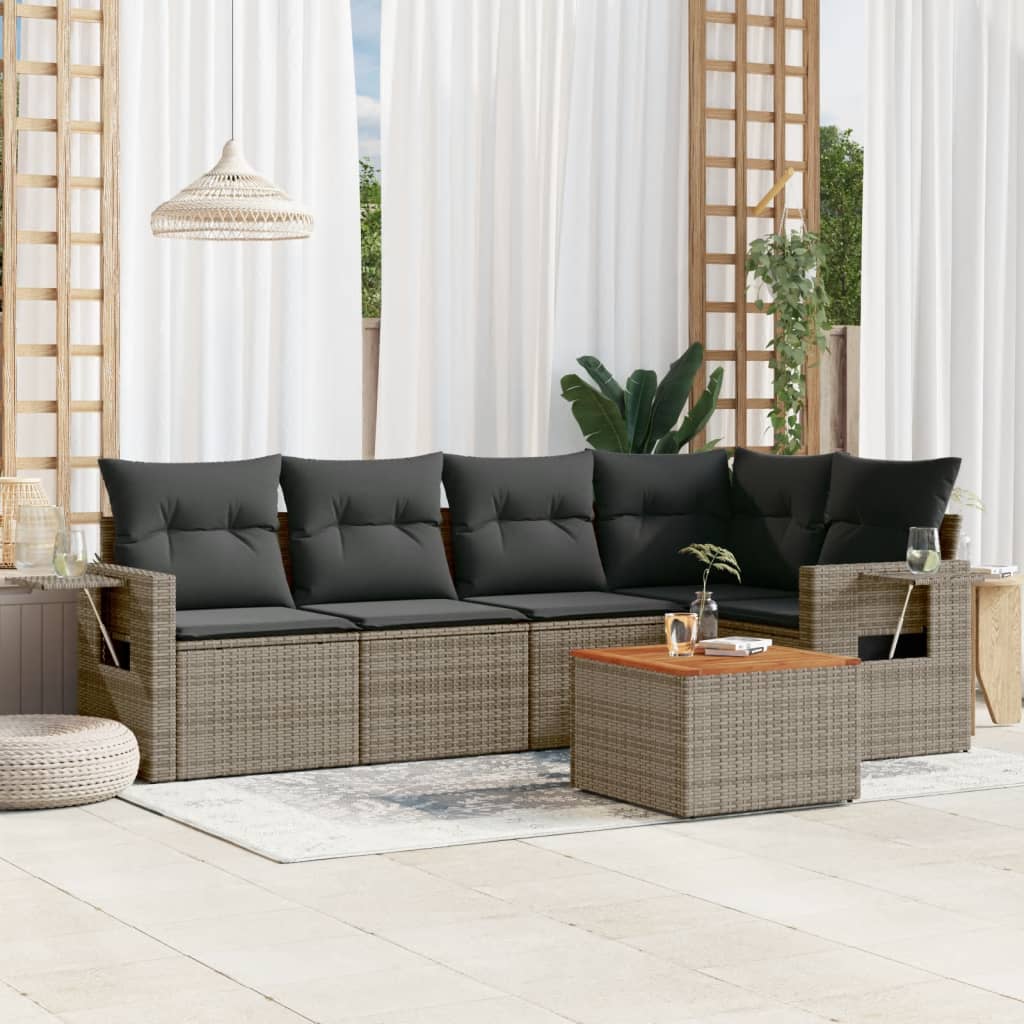 6 Pcs conjunto sofás de jardim com almofadões vime cinzento