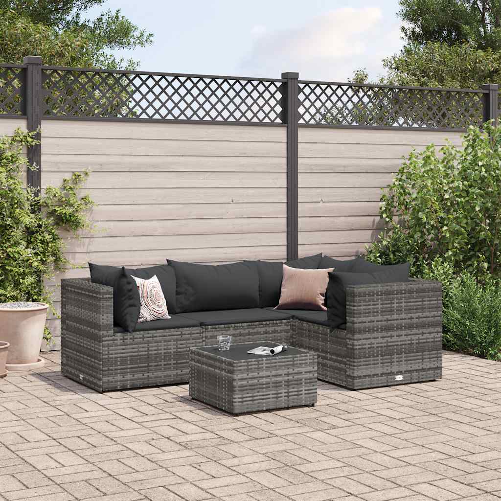 5 Pcs conjunto lounge de jardim c/ almofadões vime PE cinzento