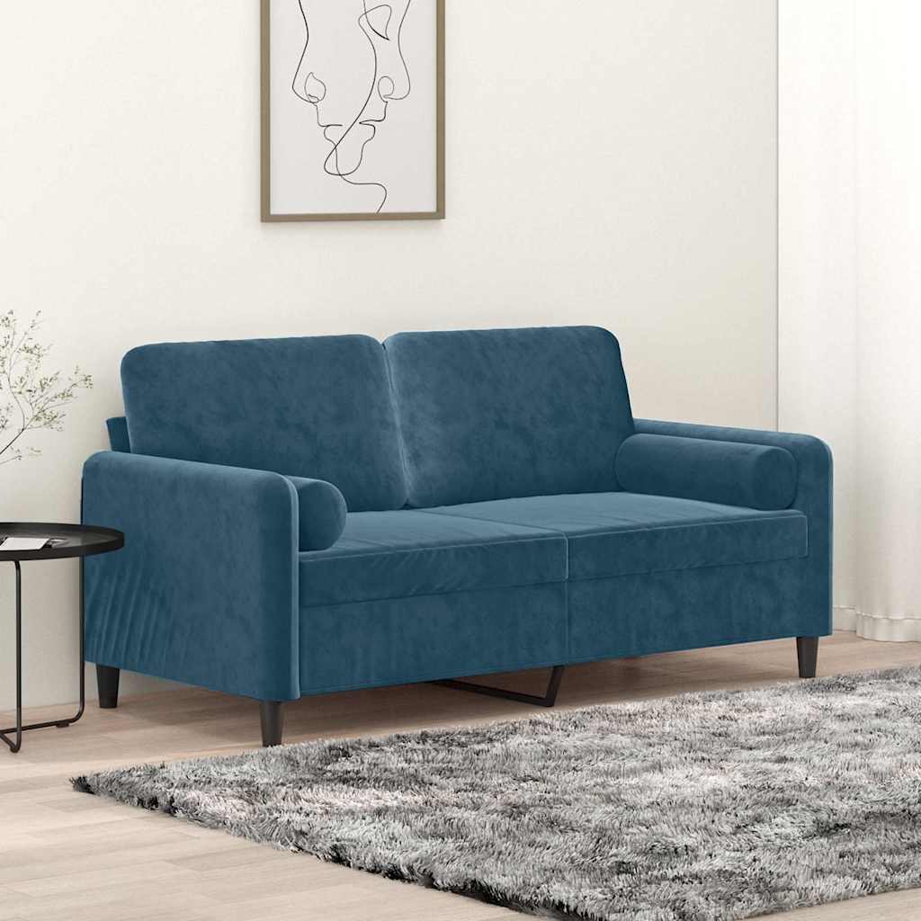 Sofá 2 lugares c/ almofadas decorativas 140 cm veludo azul