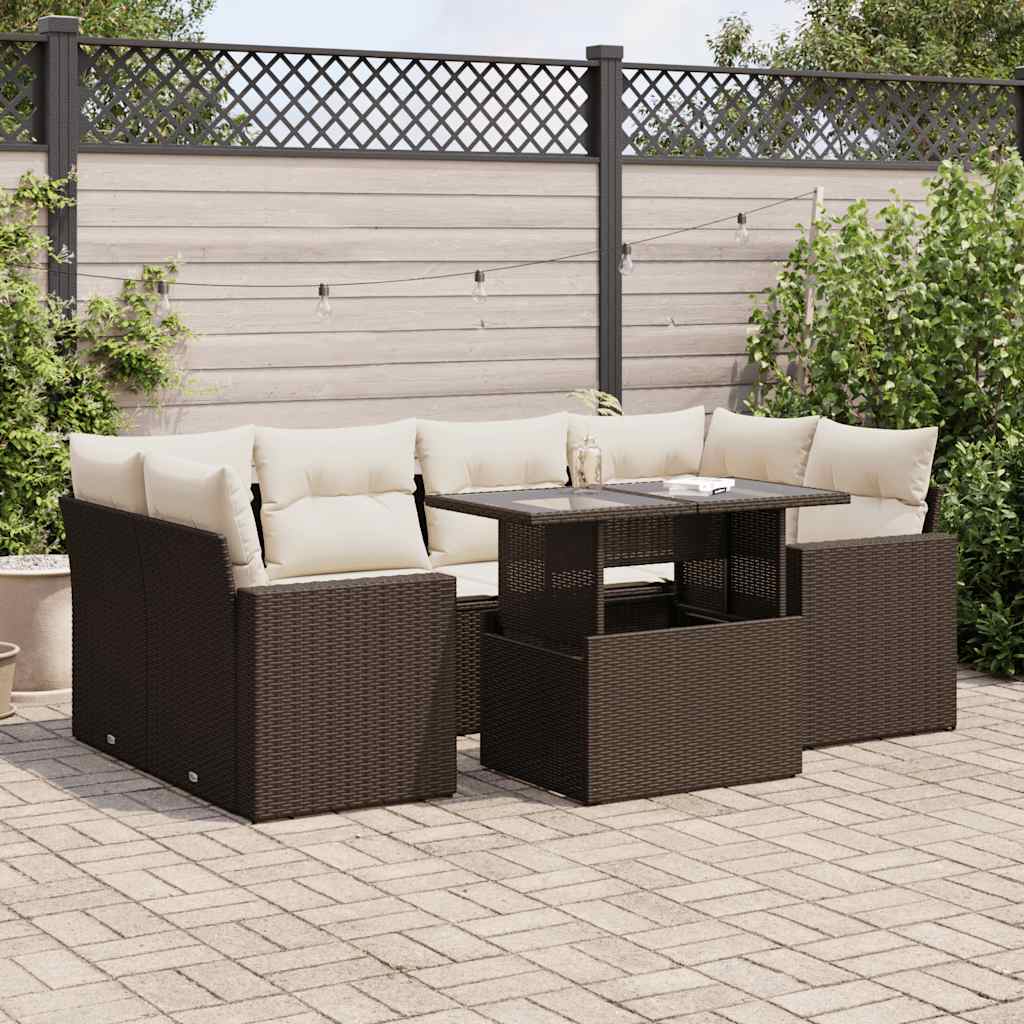 7 Pcs conjunto de sofás jardim c/ almofadões vime PE castanho