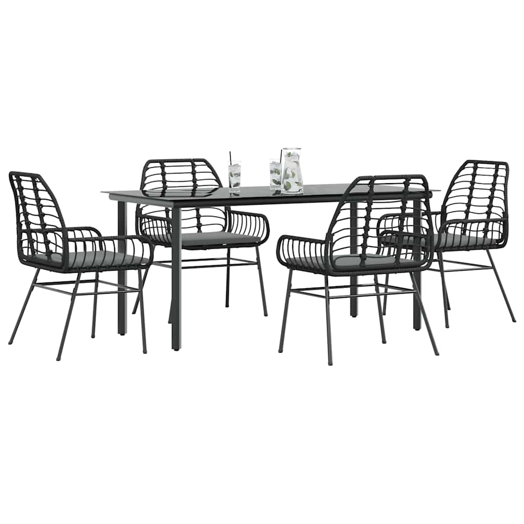 Conjunto de jantar jardim 5 peças almofadas vidro vime PE preto