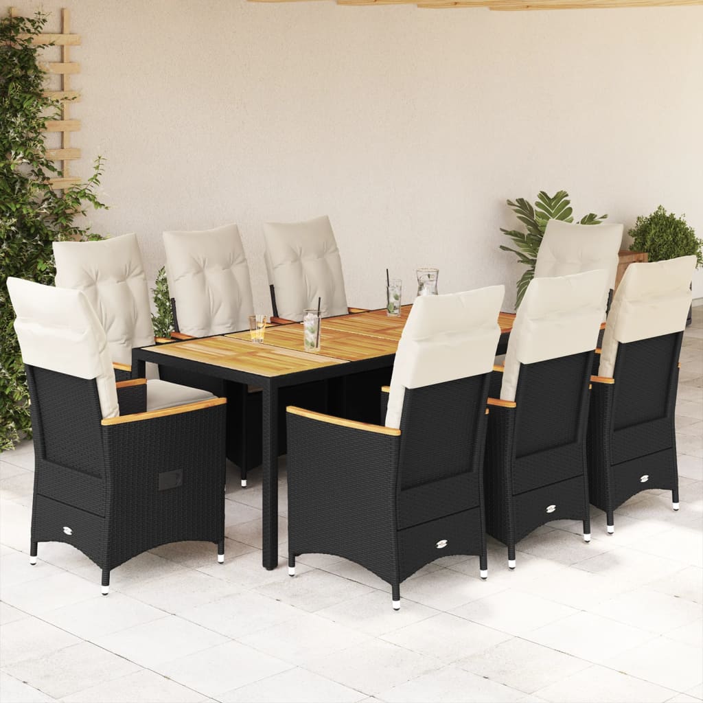 9 Pcs conjunto de jantar p/ jardim c/ almofadões vime PE preto
