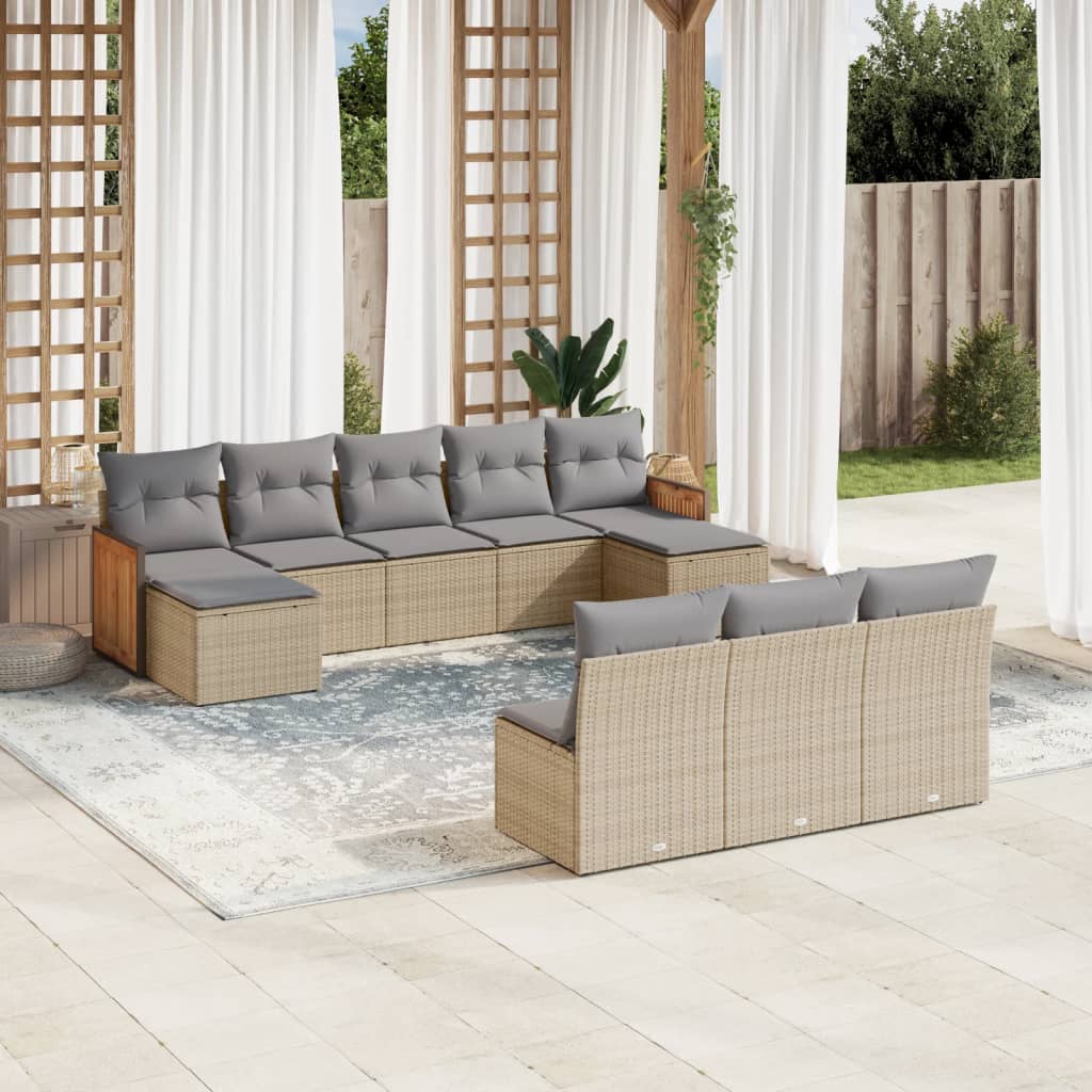 10 Pcs conjunto de sofás p/ jardim com almofadões vime PE bege