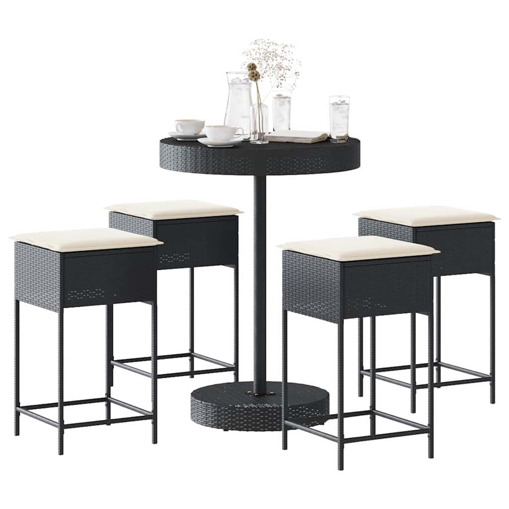 5 Pcs conjunto de bar p/ jardim c/ almofadões vime PE preto