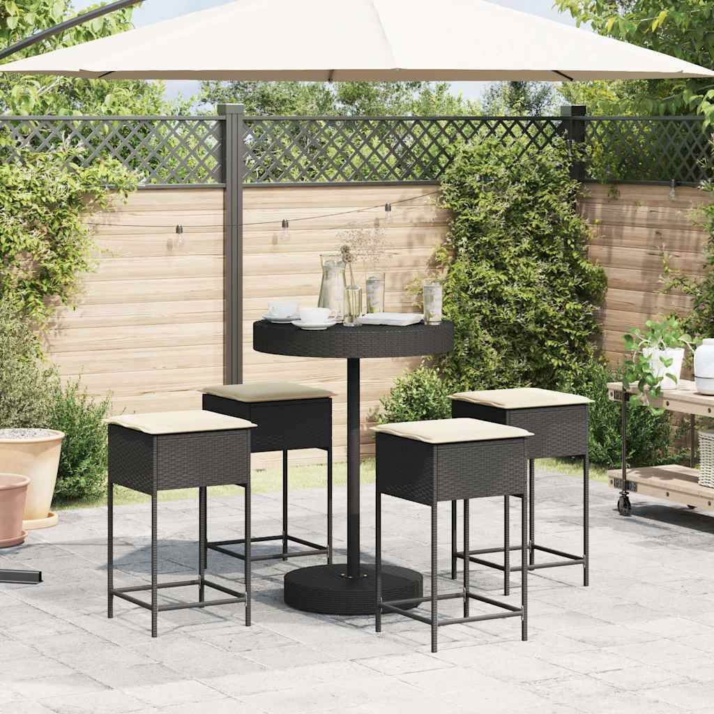 5 Pcs conjunto de bar p/ jardim c/ almofadões vime PE preto