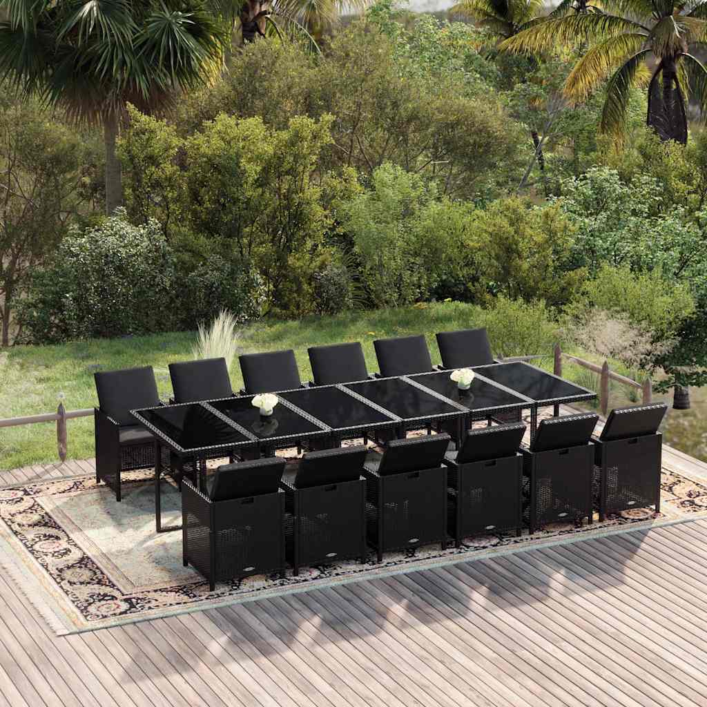 13 Pcs conjunto jantar p/ jardim c/ almofadões vime PE preto