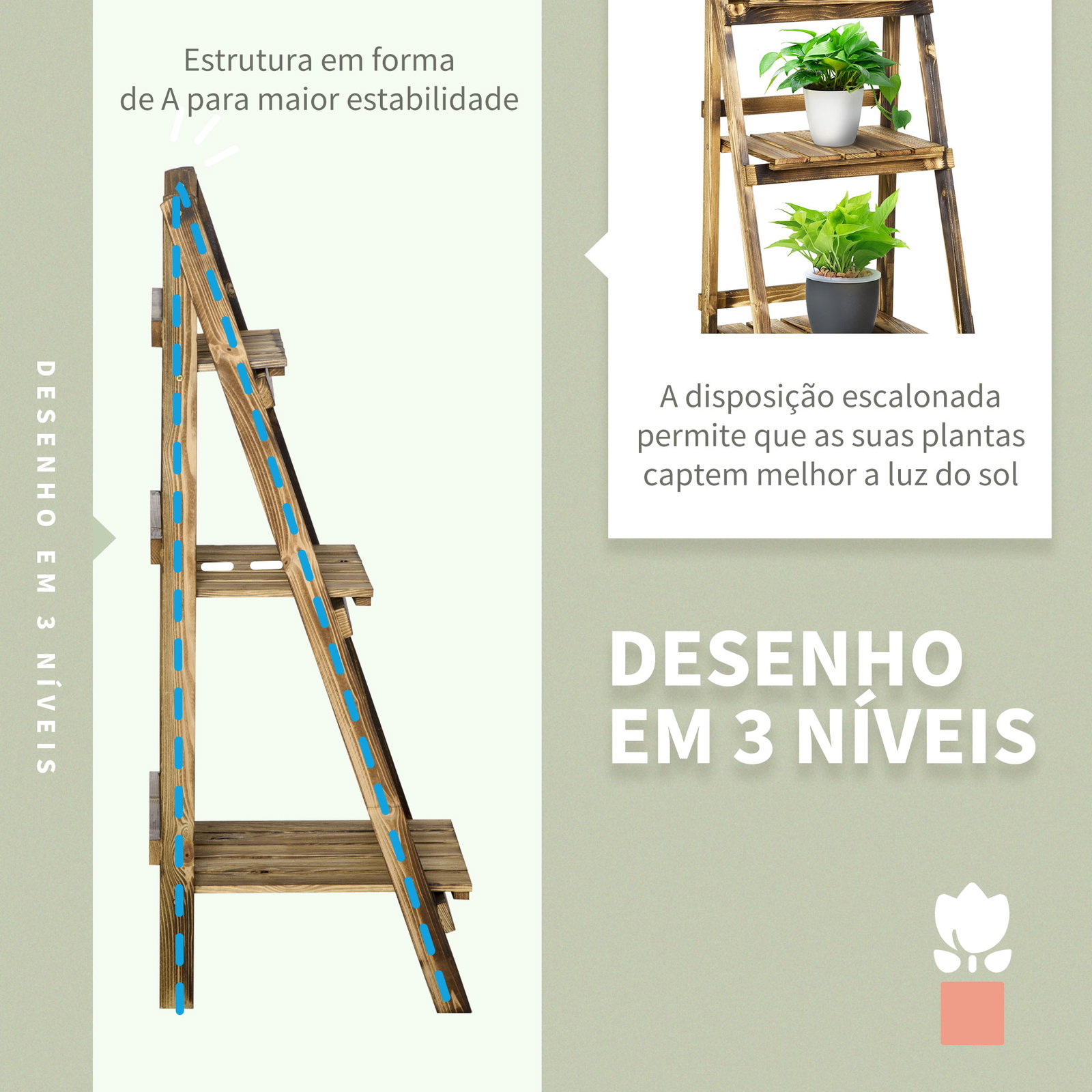 Suporte para Plantas de 3 Níveis Dobrável para Interior e Exterior 40x37x93 cm Madeira