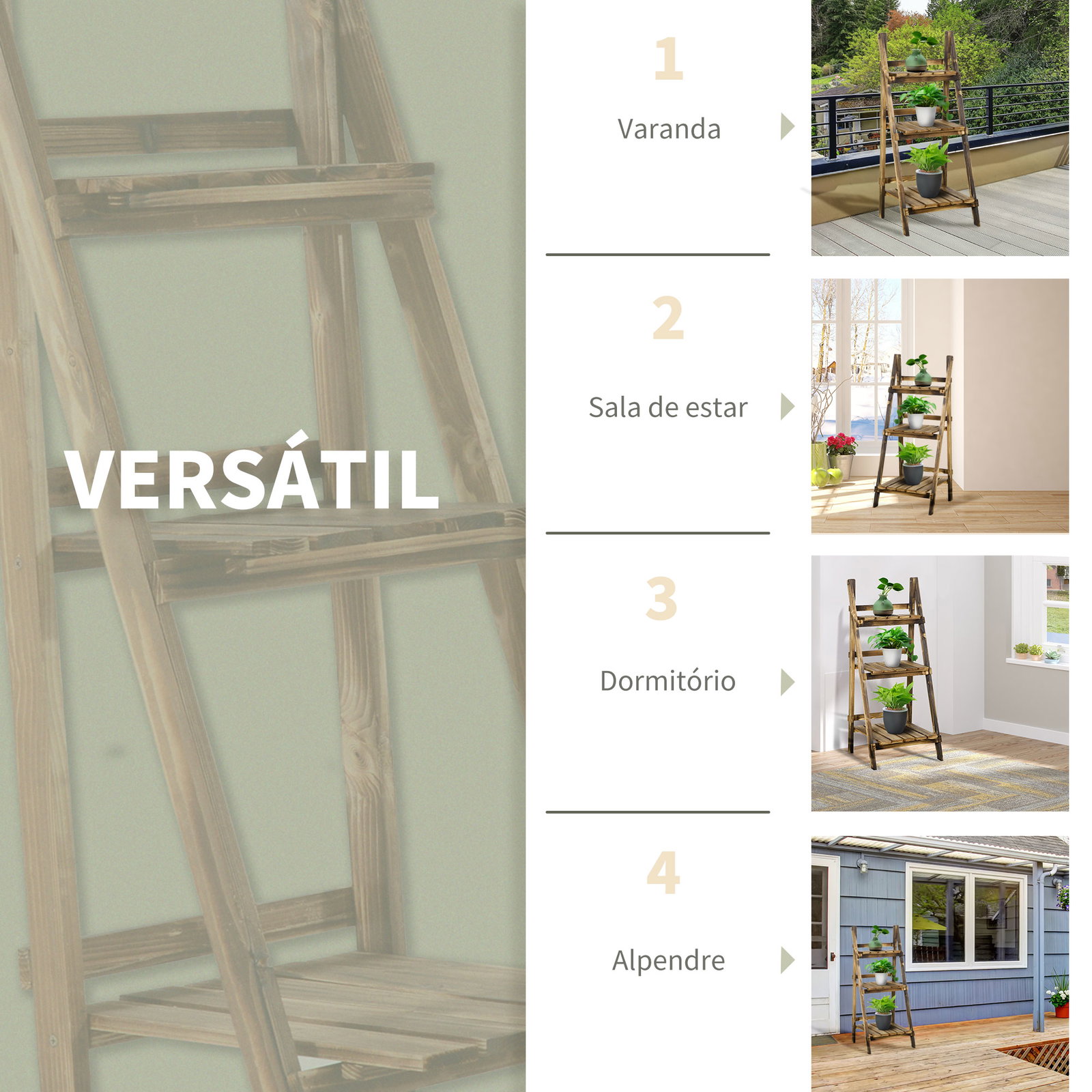 Suporte para Plantas de 3 Níveis Dobrável para Interior e Exterior 40x37x93 cm Madeira