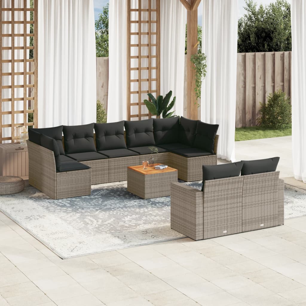 10 Pcs conjunto sofás de jardim c/ almofadões vime PE cinzento