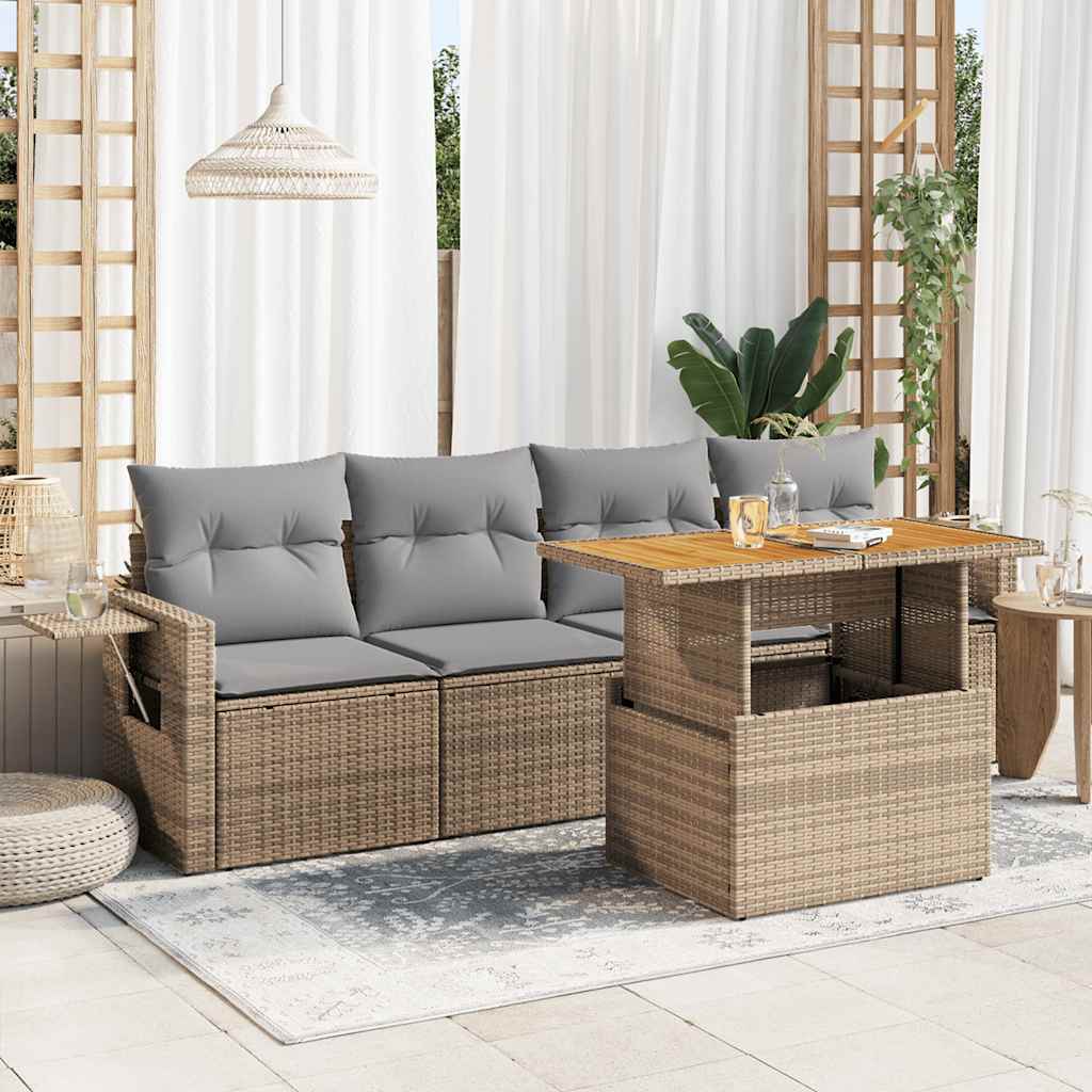 5 Pcs conjunto de sofás p/ jardim com almofadões vime PE bege