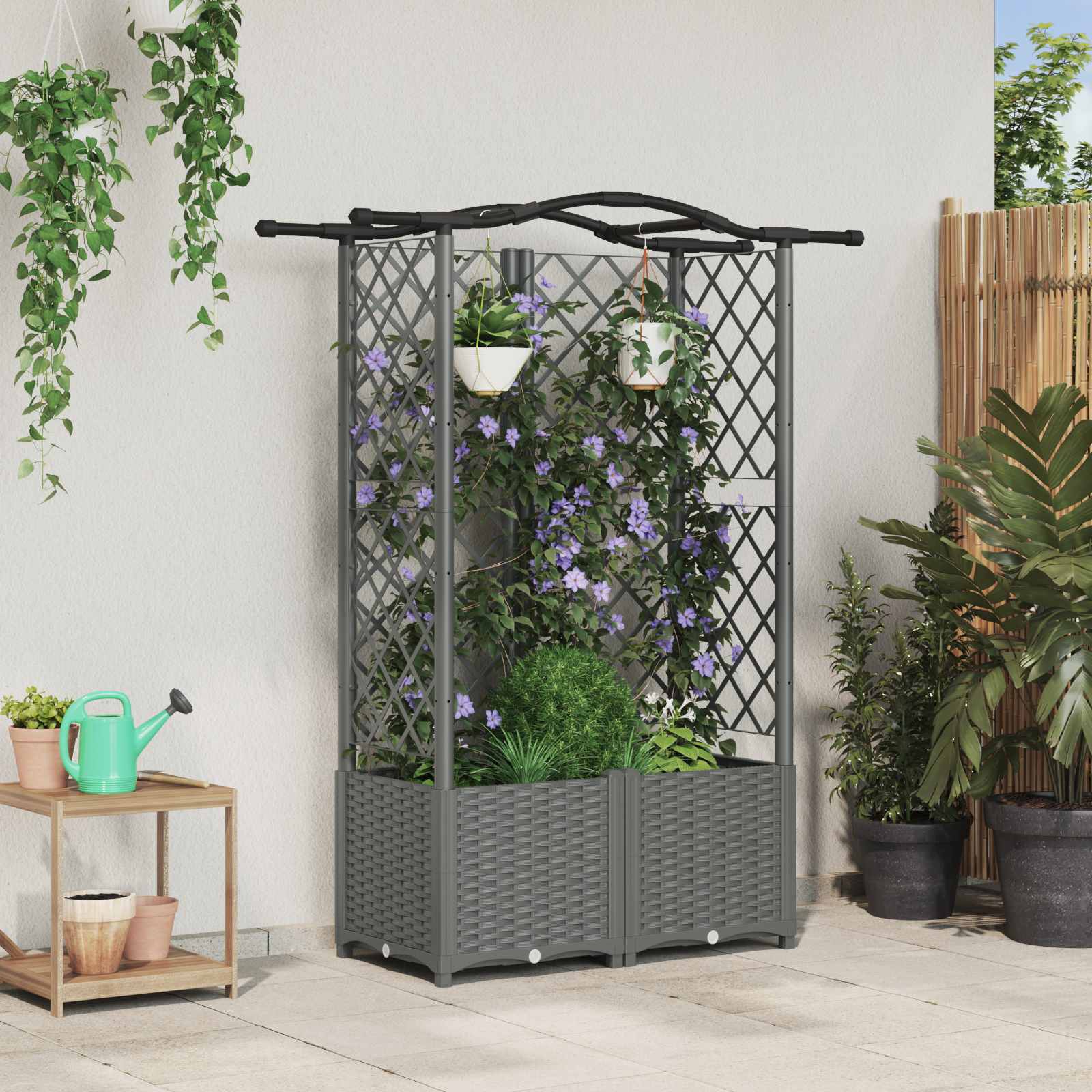 Cama elevada com treliça e telhado cinzento-claro PP