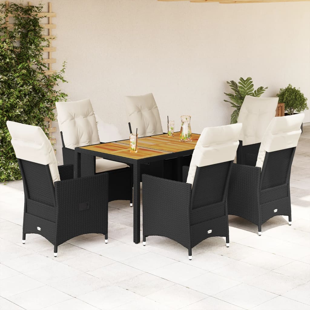 7 Pcs conjunto de jantar p/ jardim c/ almofadões vime PE preto