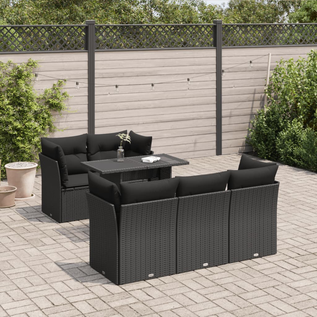 6 Pcs conjunto sofás de jardim c/ almofadões vime PE preto