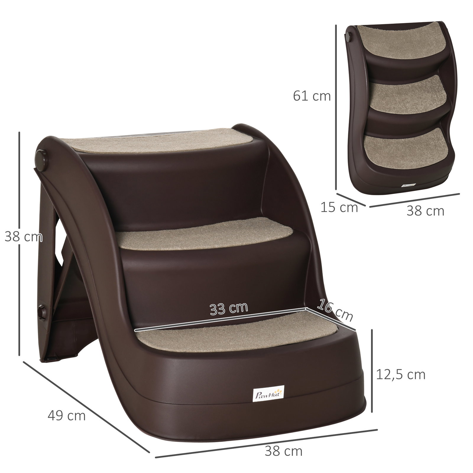 Escada para cães de 3 degraus dobrável escada para animais de estimação com tapetes antiderrapantes 49x38x38 cm marrom