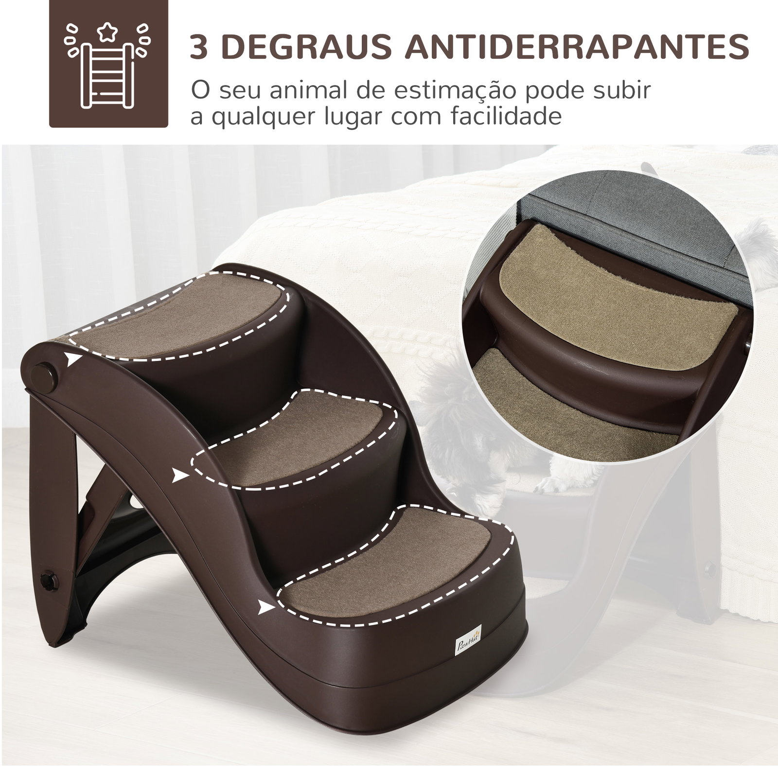 Escada para cães de 3 degraus dobrável escada para animais de estimação com tapetes antiderrapantes 49x38x38 cm marrom