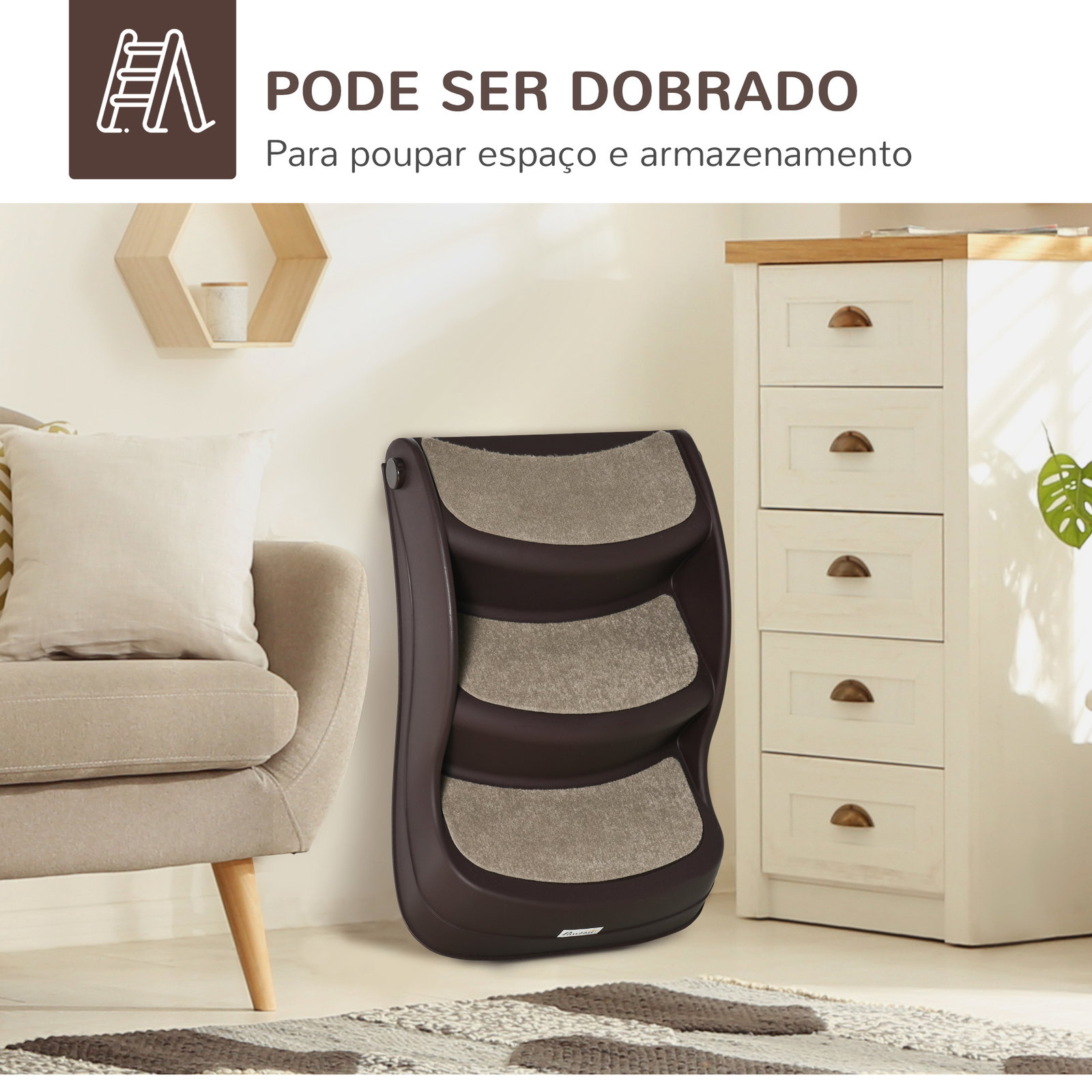 Escada para cães de 3 degraus dobrável escada para animais de estimação com tapetes antiderrapantes 49x38x38 cm marrom