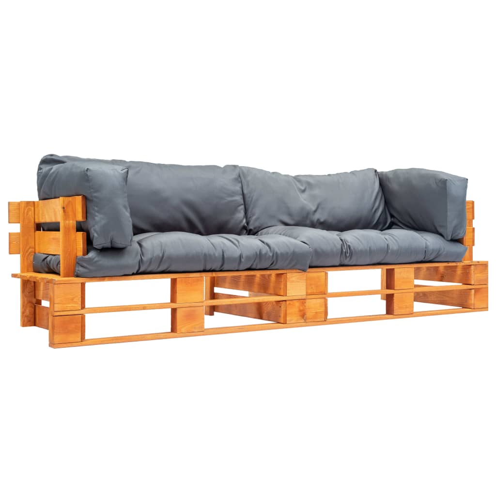 Sofás paletes jardim 2 pcs almofadões cinzentos madeira pinho