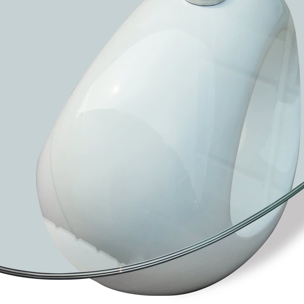 Mesa de centro com tampo oval de vidro, branco brilhante