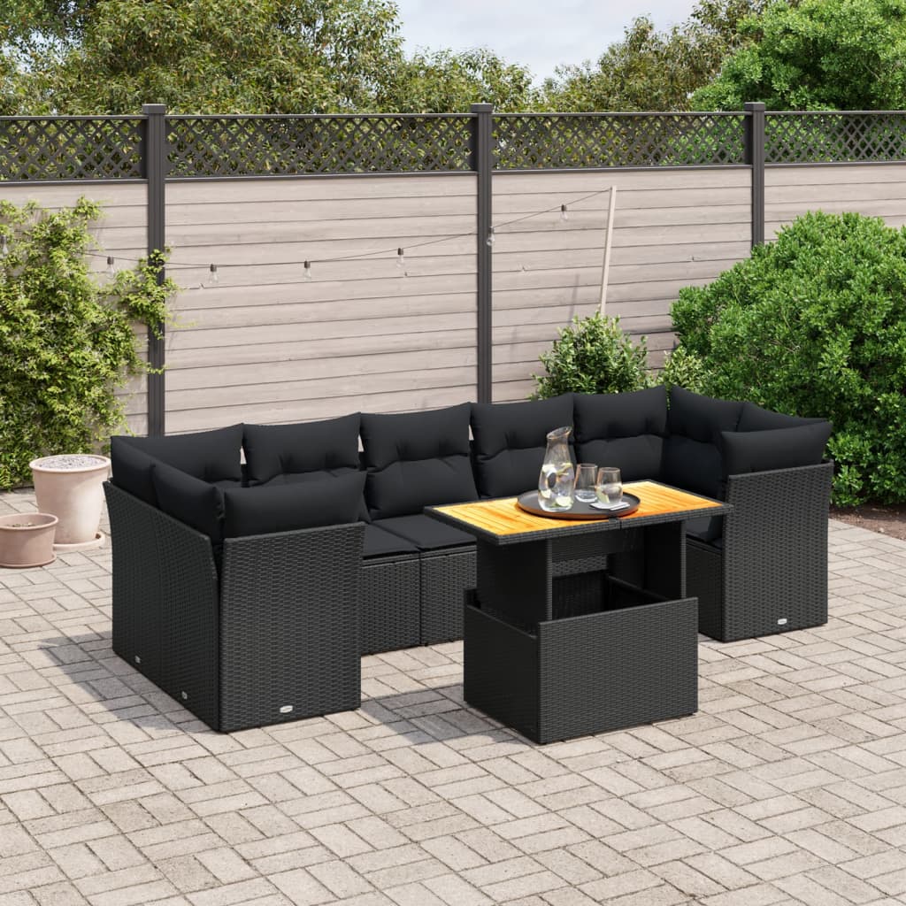 8 Pcs conjunto sofás de jardim com almofadões vime PE preto