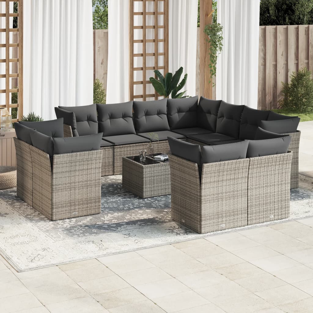 12 Pcs conjunto de sofás jardim c/ almofadões vime PE cinzento