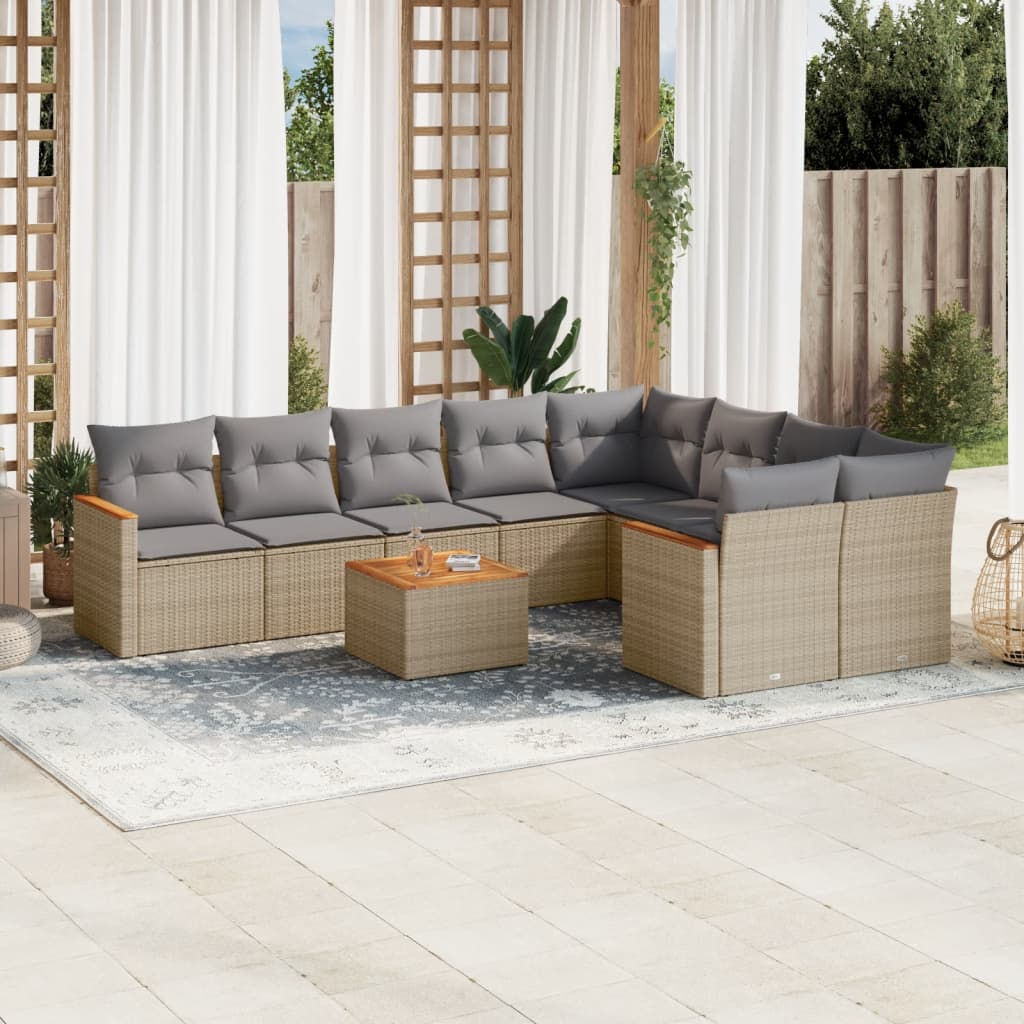 10 Pcs conjunto de sofás p/ jardim com almofadões vime PE bege