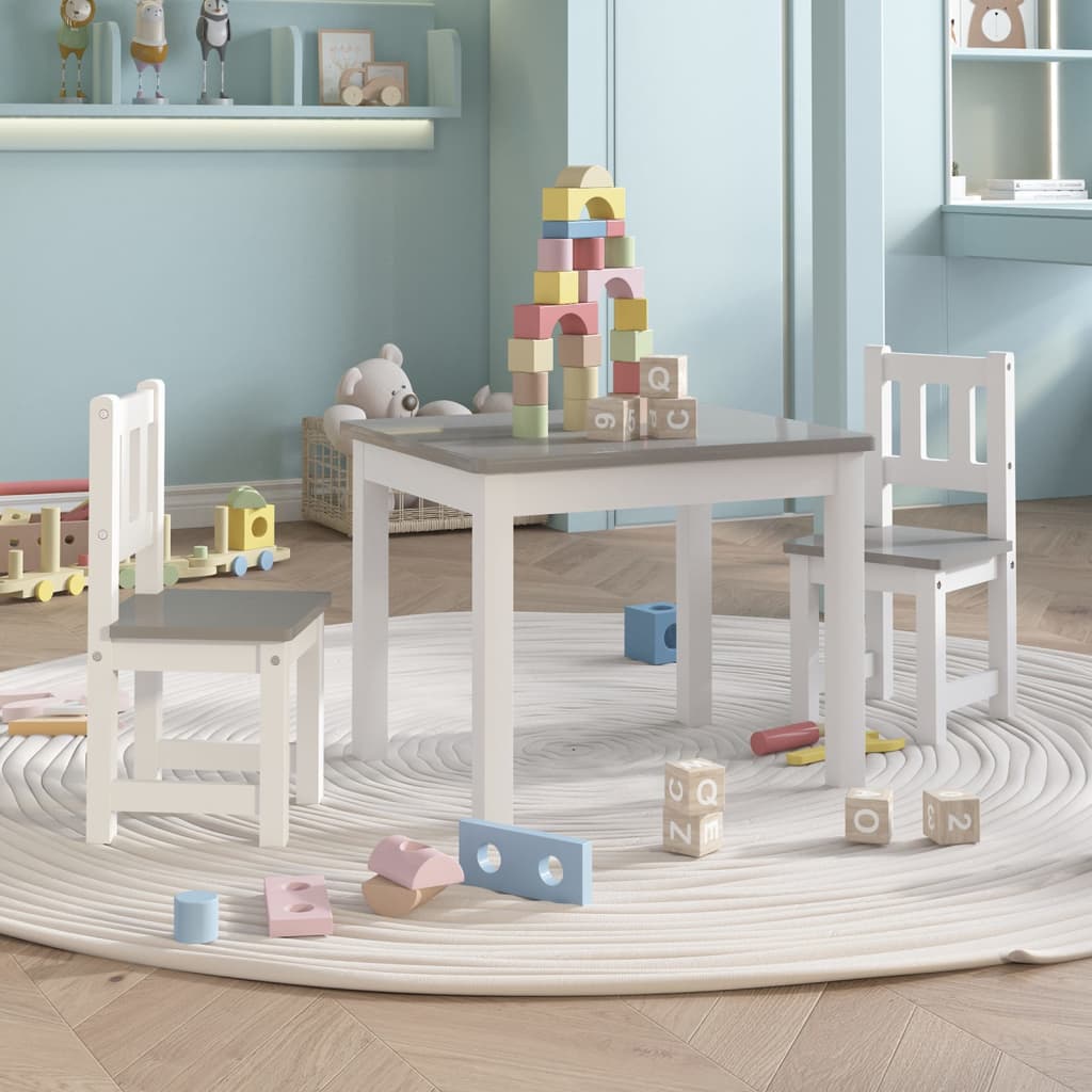 3 Pcs conjunto mesa e cadeiras infantil MDF branco e cinzento