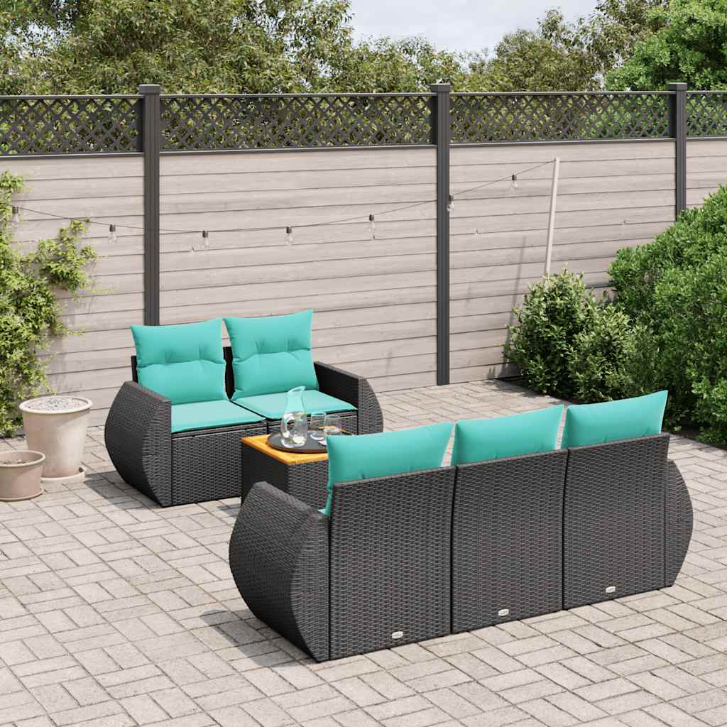 Conjunto de sofá de jardim com 6 peças e almofadas em rattan sintético preto
