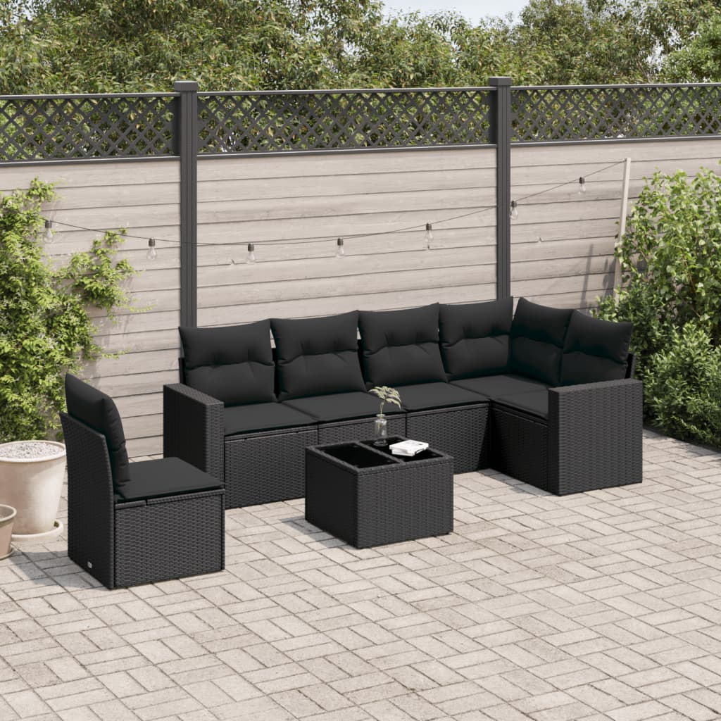 7 Pcs conjunto de sofás p/ jardim c/ almofadões vime PE preto