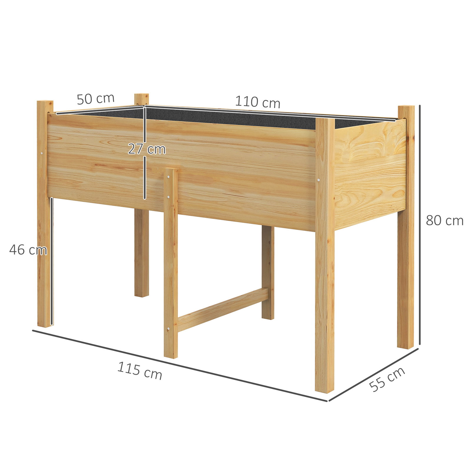 Mesa de cultivo de madeira horta elevada 115x55x80 cm com tecido não tecido para cultivo de plantas verduras flores madeira