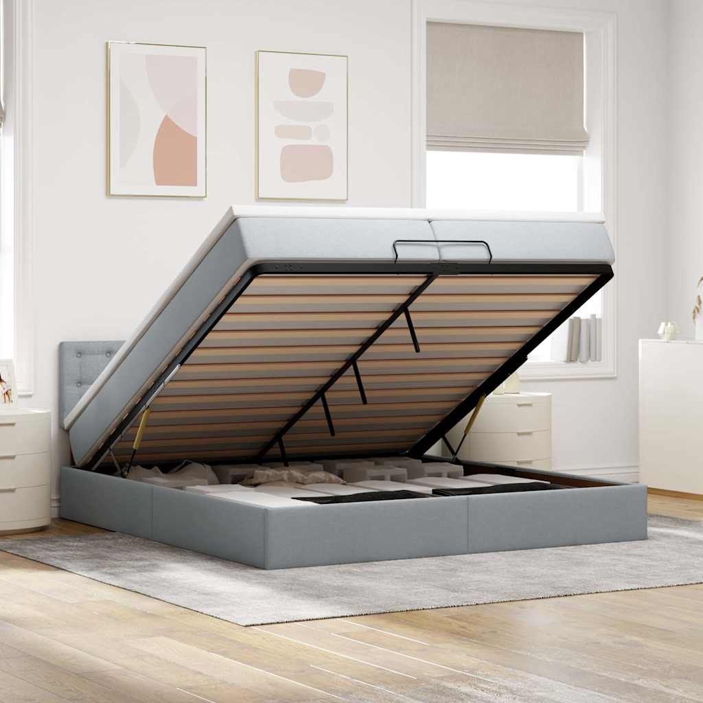 Estrutura de cama otomana com colchões tecido cinzento claro