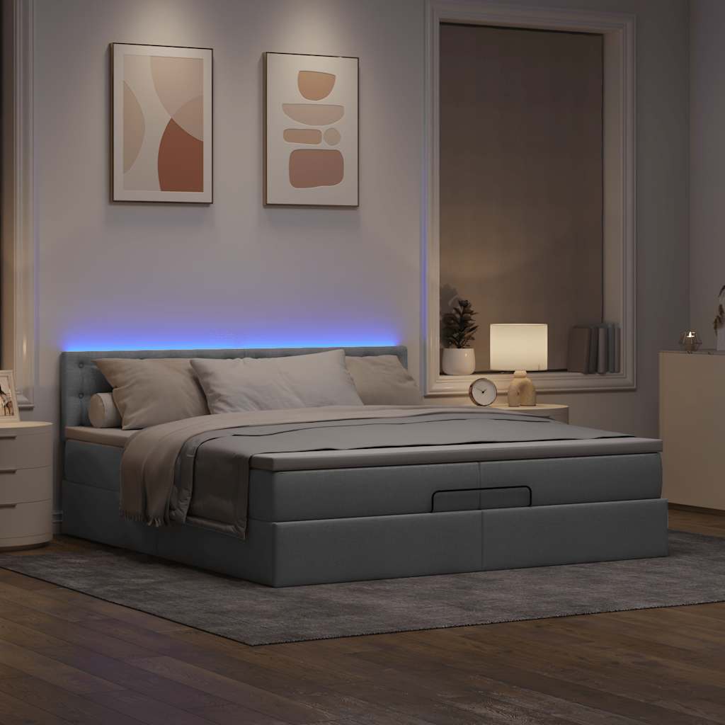 Estrutura de cama otomana com colchões tecido cinzento claro