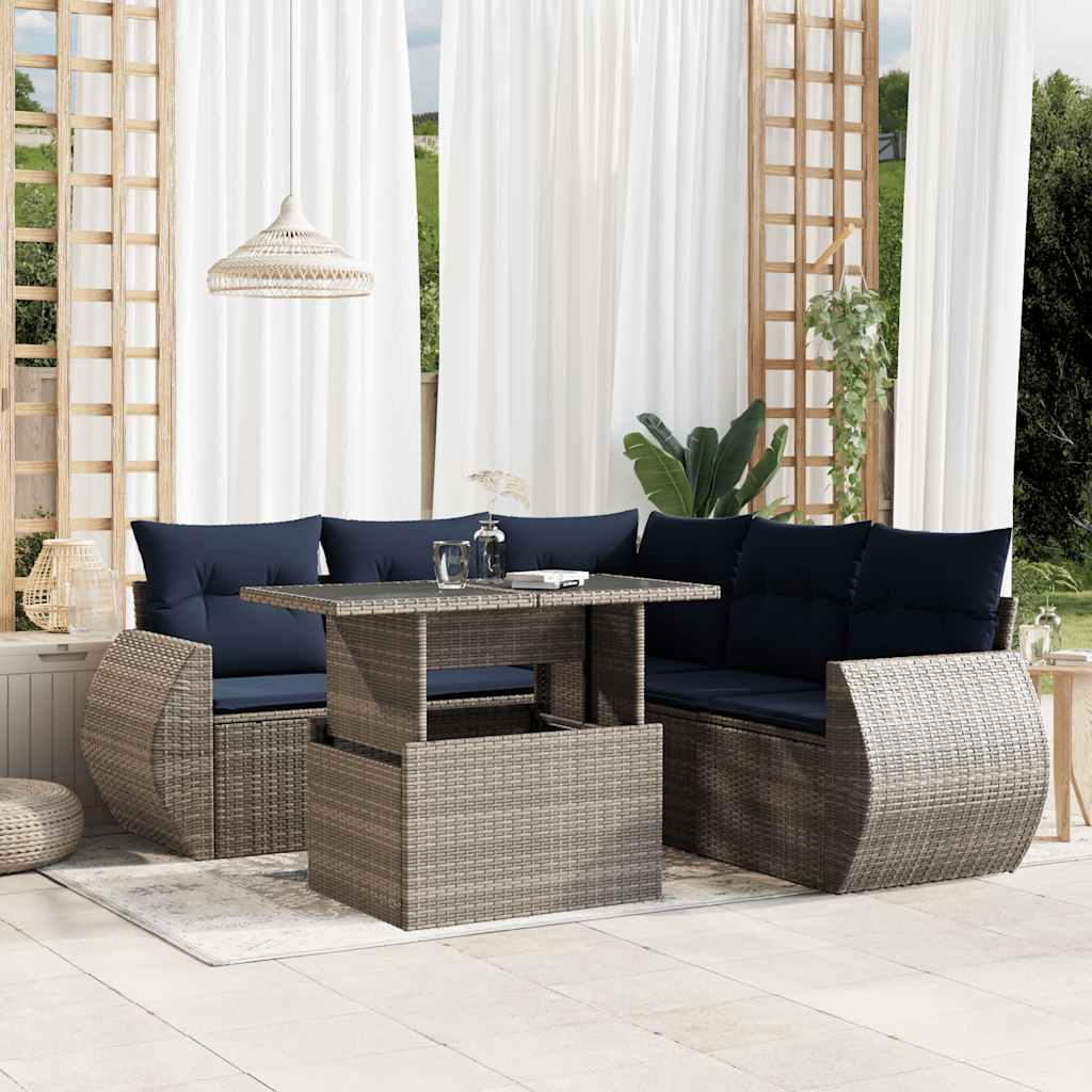 Conjunto de sofá de jardim com 6 peças e almofadas em rattan sintético cinza