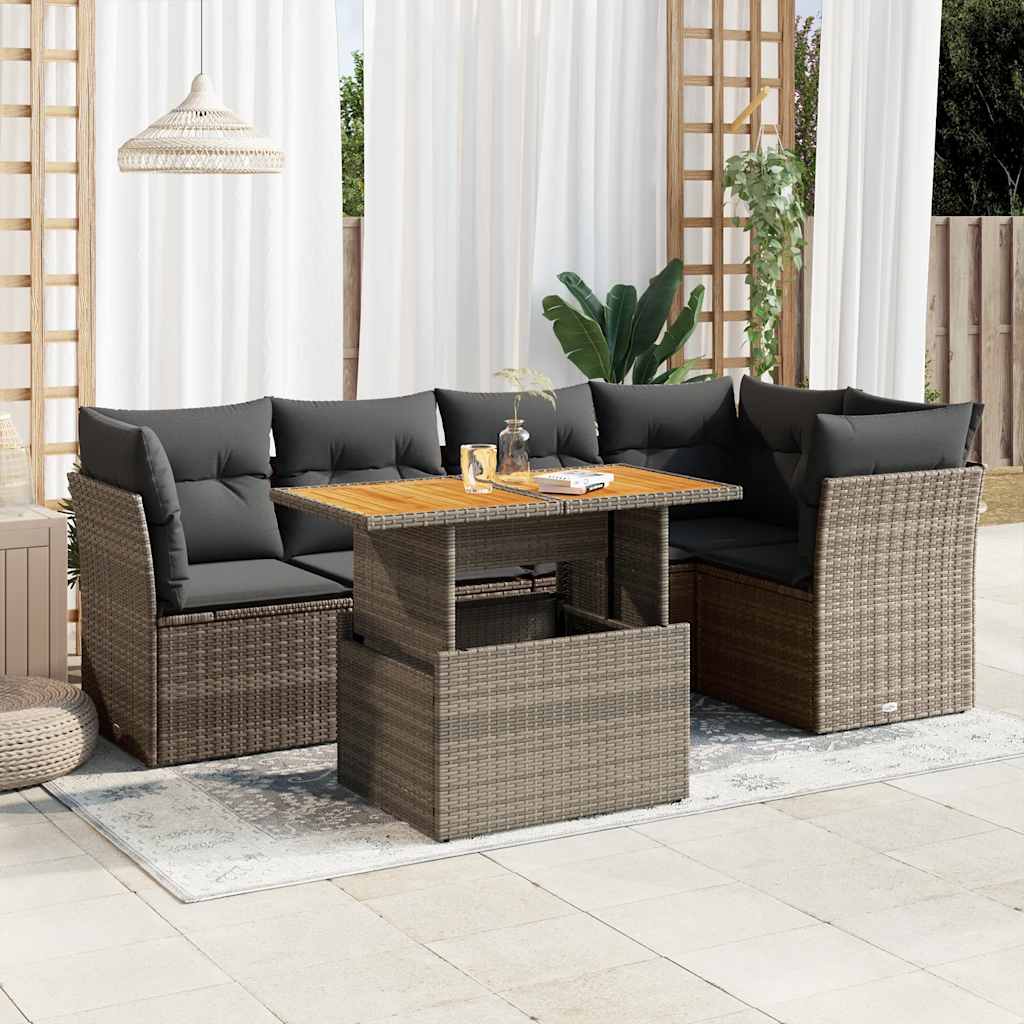 6 Pcs conjunto sofás de jardim com almofadões vime cinzento