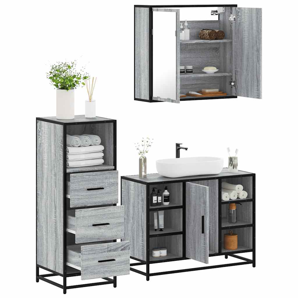 3 Pcs conjunto móveis casa de banho madeira proc. cinza sonoma