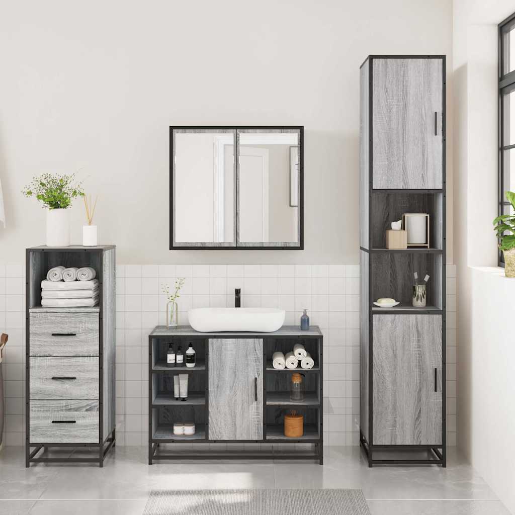 3 Pcs conjunto móveis casa de banho madeira proc. cinza sonoma
