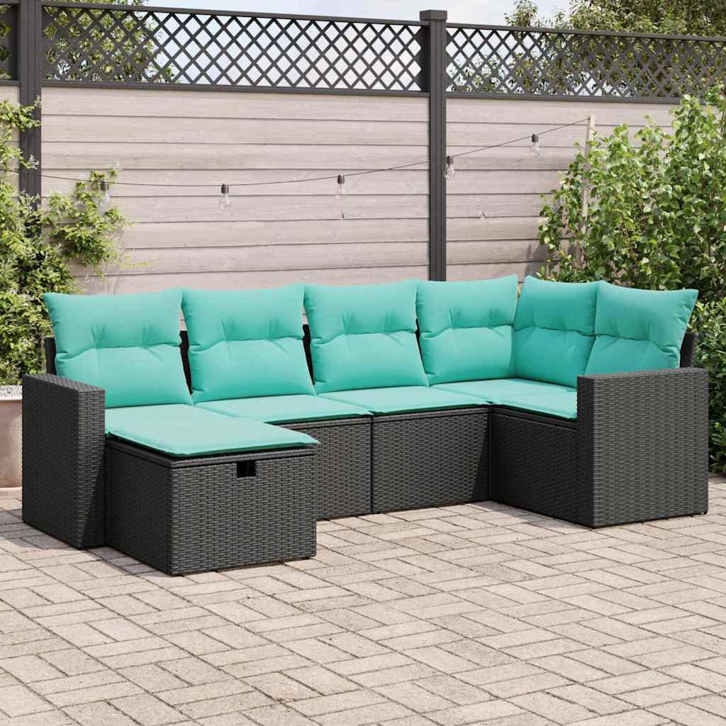 6 Pcs conjunto sofás de jardim c/ almofadões vime PE preto