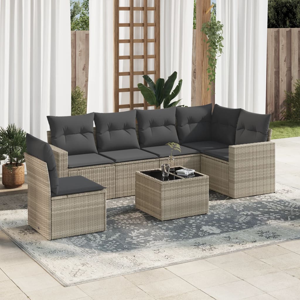 7 Pcs conj. sofás jardim com almofadões vime PE cinzento-claro