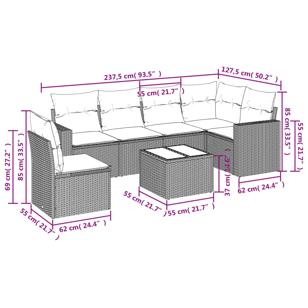7 Pcs conj. sofás jardim com almofadões vime PE cinzento-claro